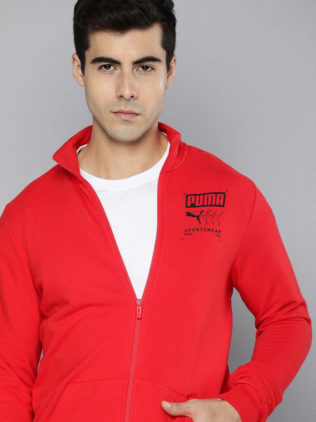 puma men red brand logo printed bomber track jacket