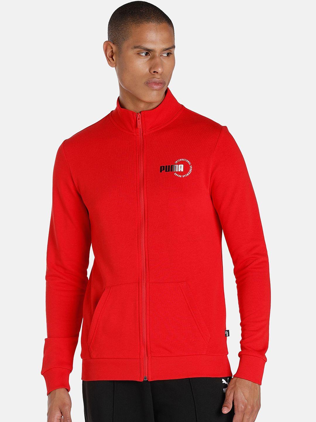 puma men red knitted sports logo cotton outdoor sporty jacket