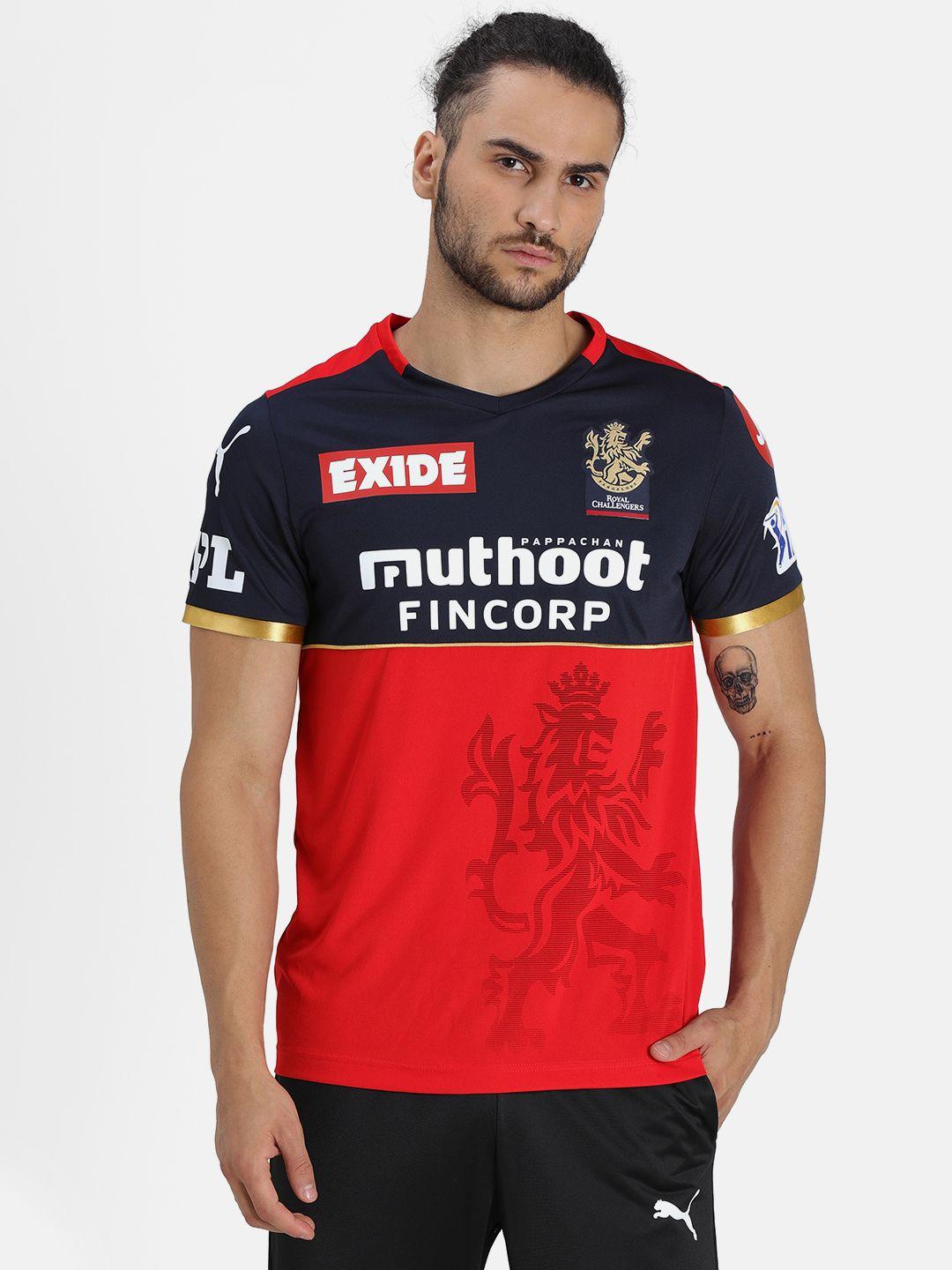 puma men red printed slim fit rcb replica jersey v-neck t-shirt