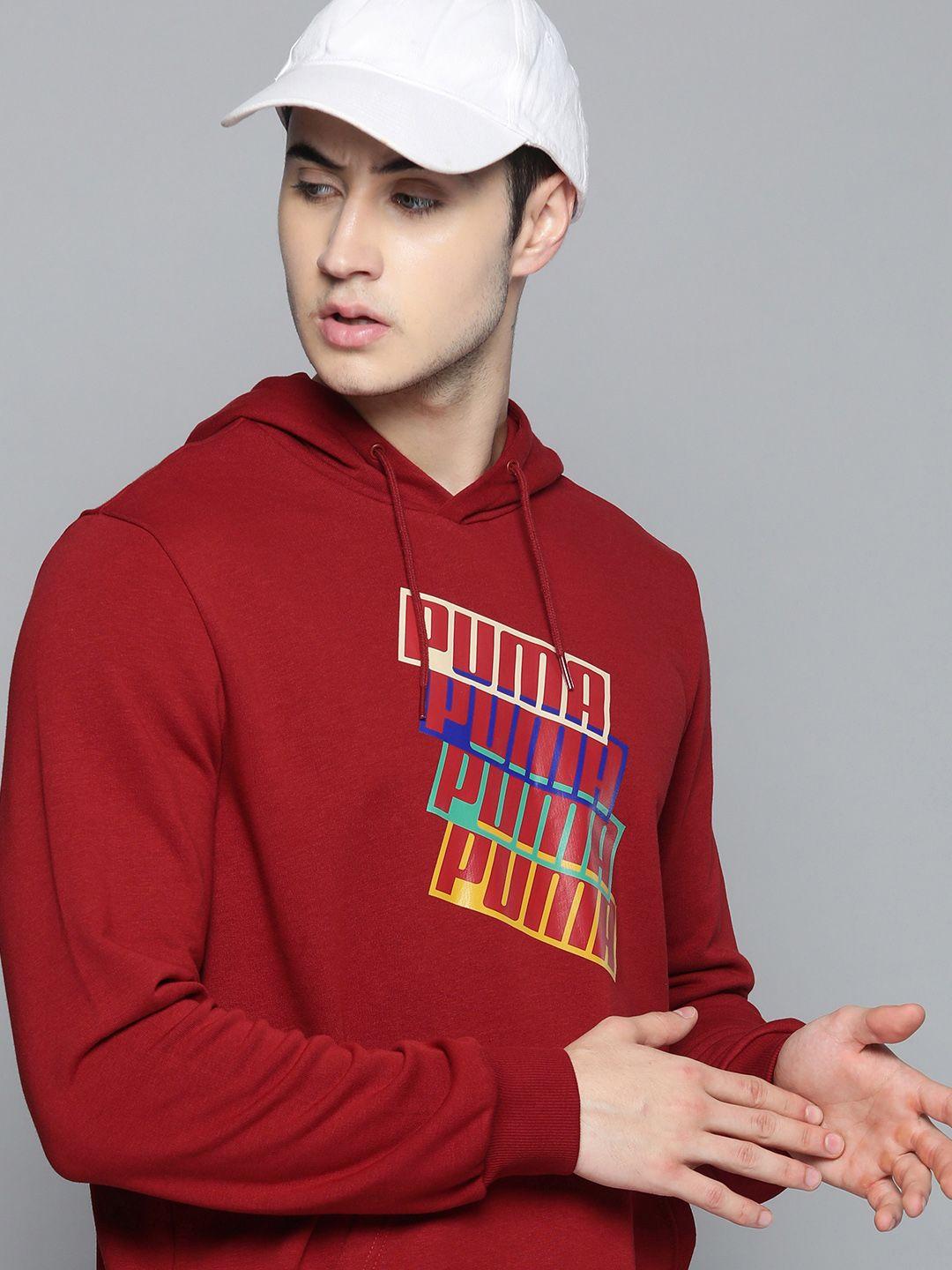 puma men red typographical printed full sleeved hooded sweatshirt