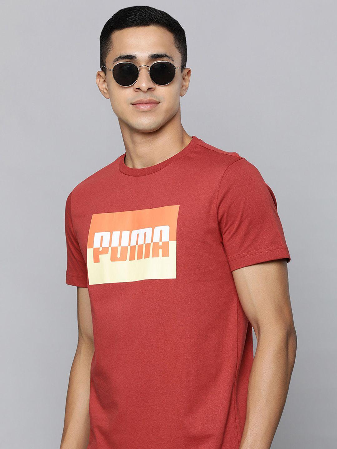 puma men rust red brand logo printed pure cotton slim fit t-shirt