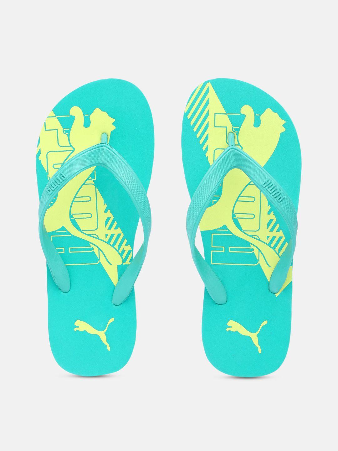 puma men sea green & yellow leon v3  brand logo printed thong flip-flops