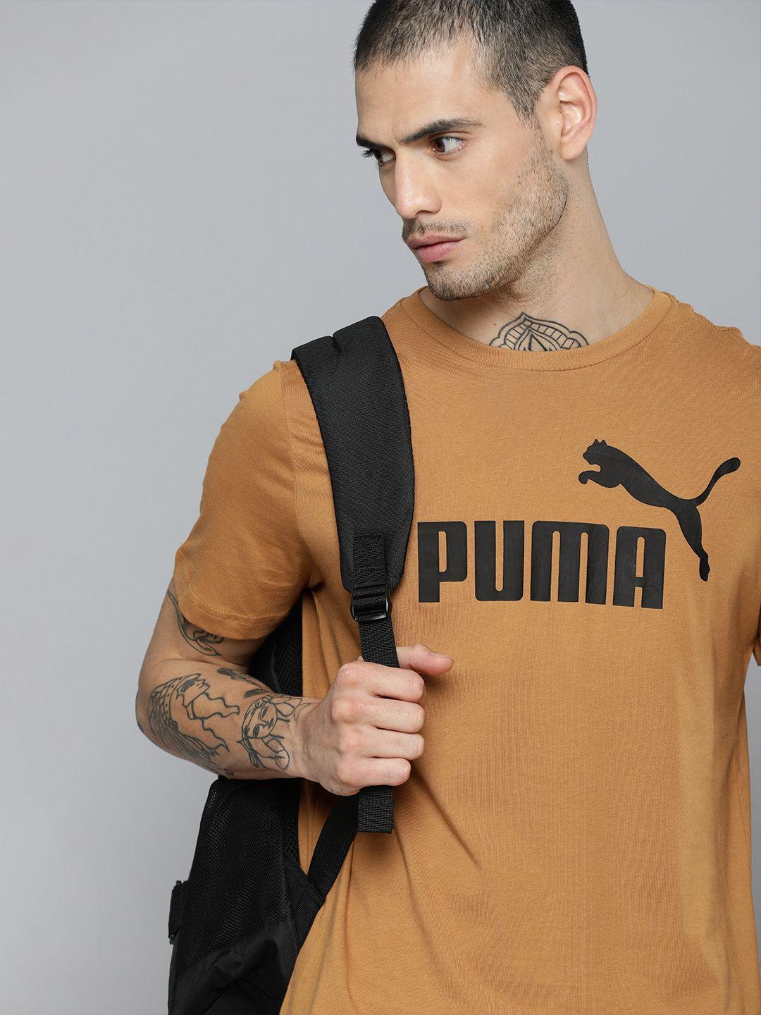 puma men tan pure cotton round neck essentials logo regular fit t-shirt