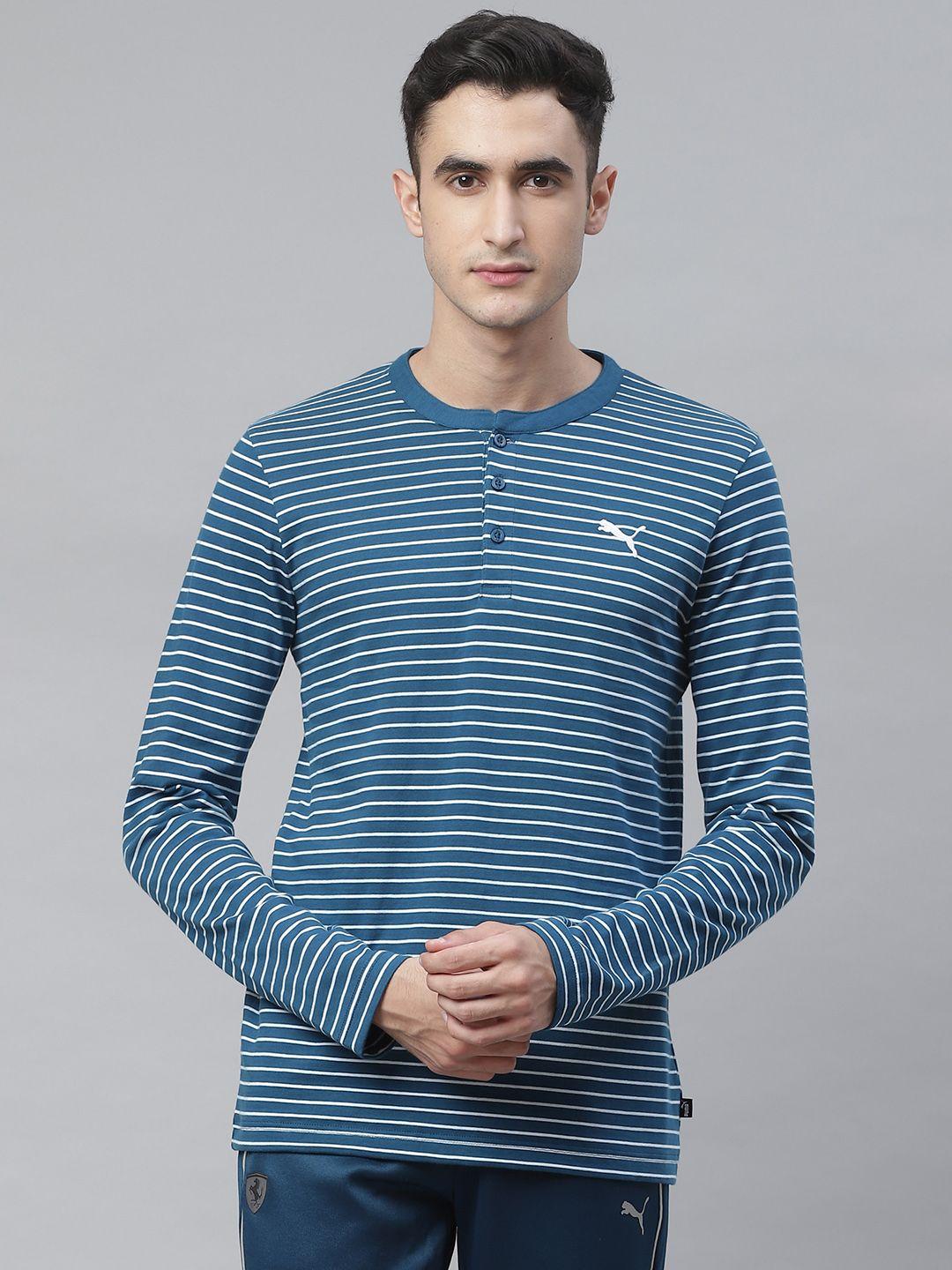 puma men teal blue & white striped henley neck t-shirt