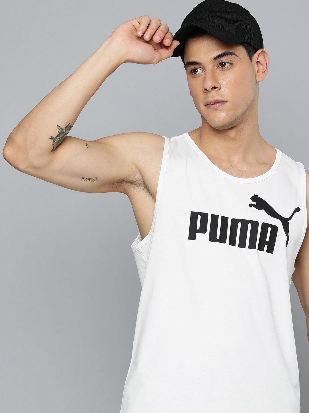 puma men white & black brand logo printed essential monochrome t-shirt