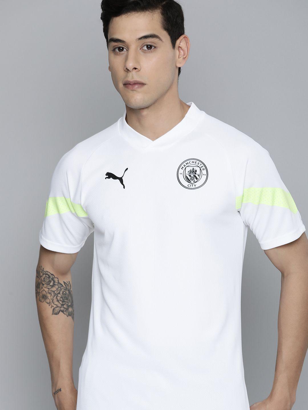 puma men white brand logo manchester city printed v-neck slim fit training t-shirt
