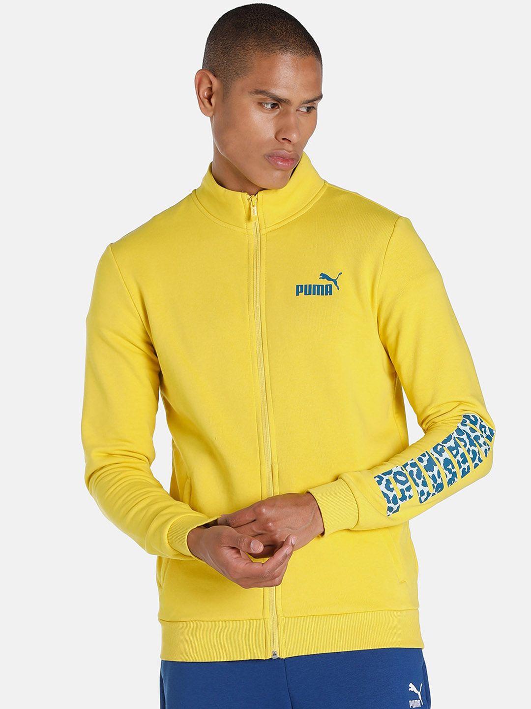puma men yellow outdoor textured logo knitted jacket sporty jacket