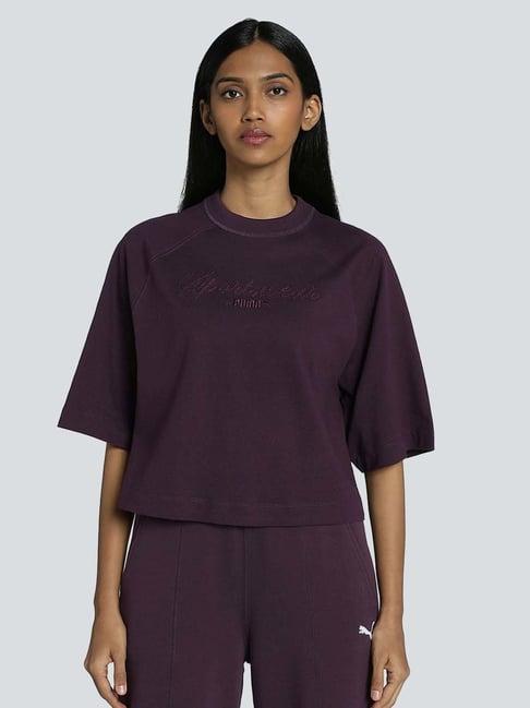 puma midnight plum cotton embroidered t-shirt