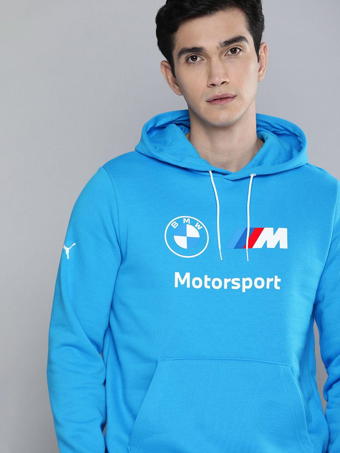 puma motorsport men blue brand logo printed bmw hooded motorsport sweatshirt