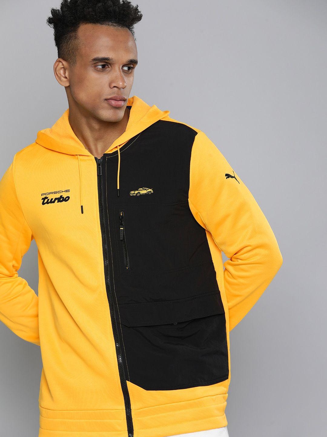 puma motorsport men yellow & black colourblocked hooded sporty jacket