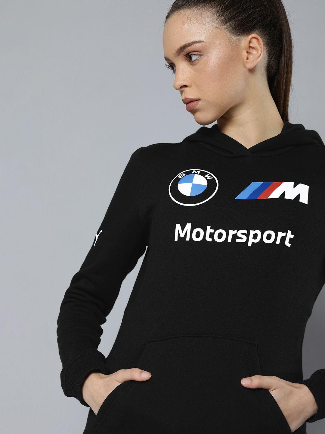 puma motorsport women black brand logo printed bmw m motorsport hooded sweatshirt