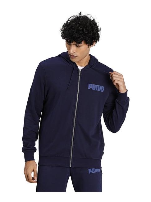 puma navy cotton regular fit logo printed hooded sweatshirt