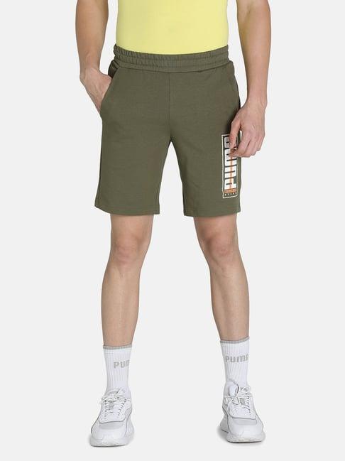 puma olive green cotton printed slim fit shorts