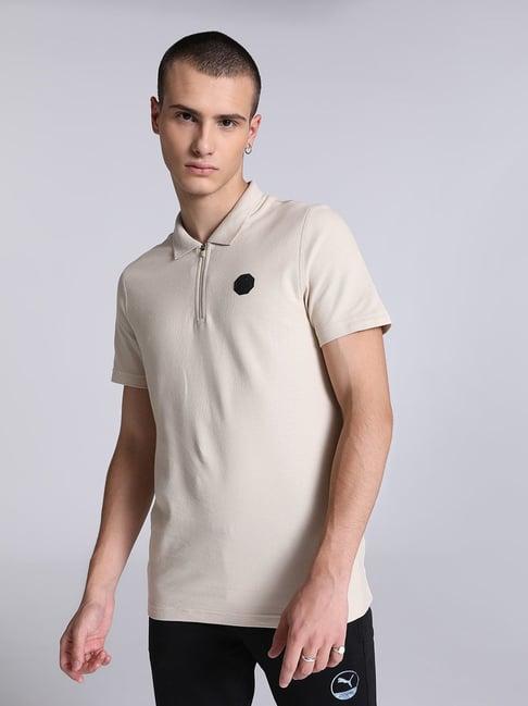 puma one8 beige cotton slim fit self pattern polo t-shirt