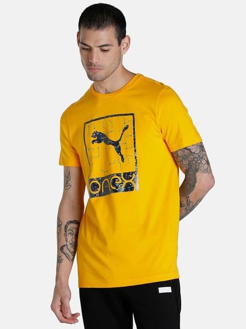 puma one8 yellow cotton slim fit printed t-shirt