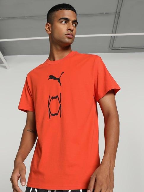 puma orange cotton regular fit printed sports t-shirt