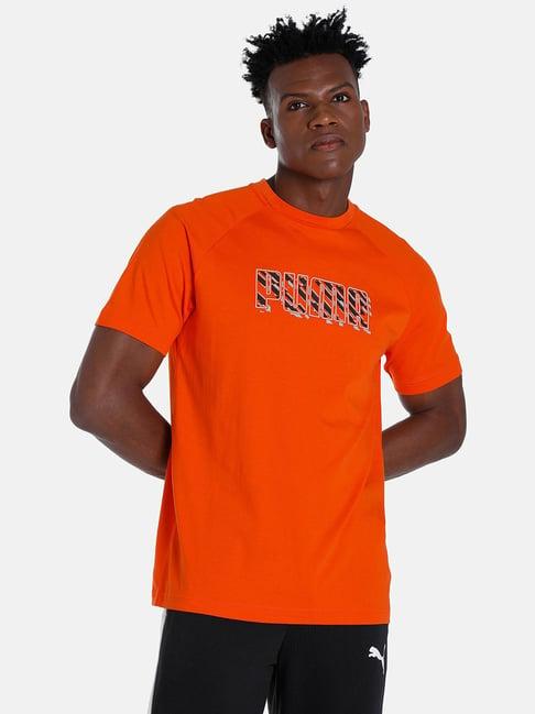 puma orange cotton regular fit printed t-shirt