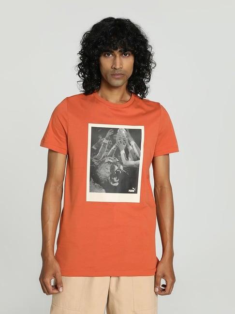 puma orange cotton slim fit printed t-shirt