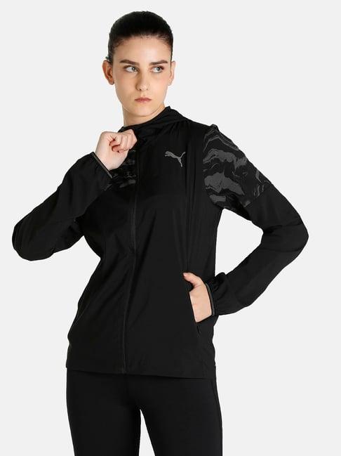 puma performance running run woven q4 black logo print hooded jacket