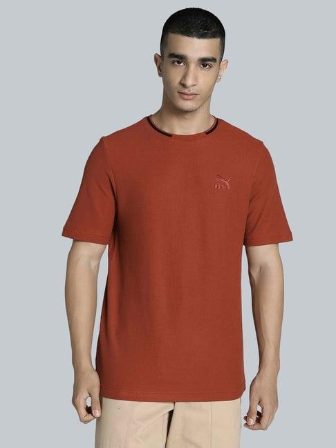 puma red cotton regular fit texture t-shirt