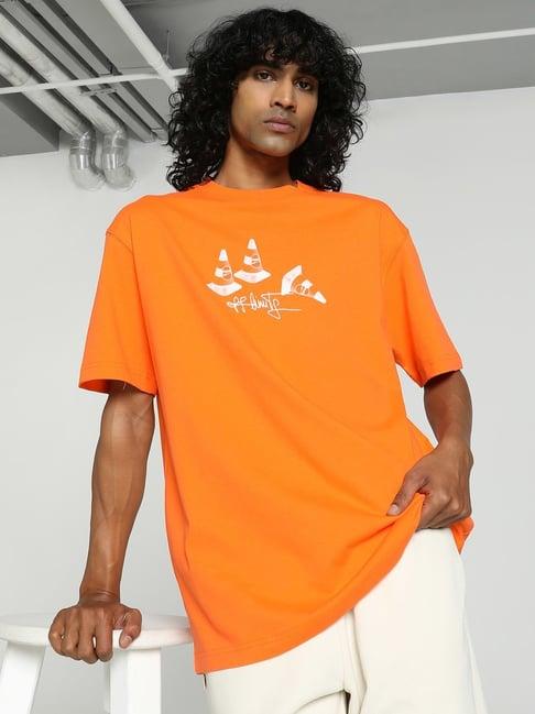 puma rickie orange cotton relaxed fit printed t-shirt