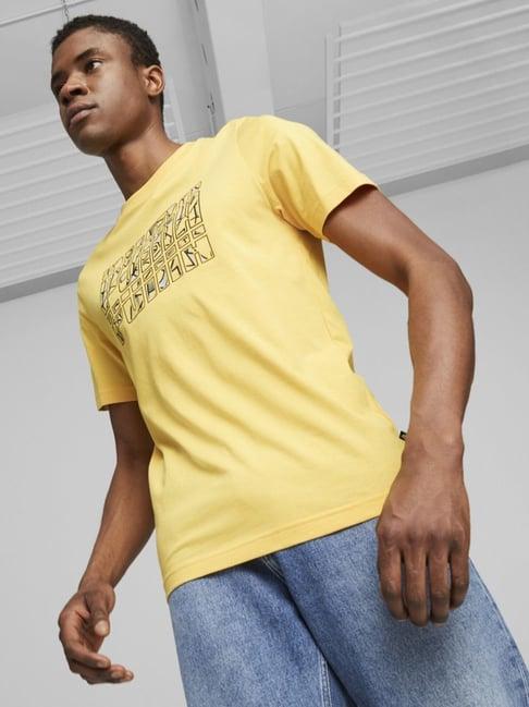 puma summer mustard yellow cotton regular fit printed t-shirt