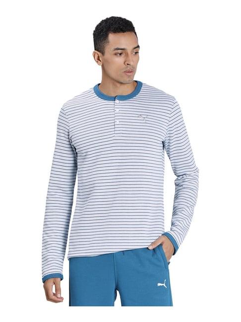 puma white & blue cotton regular fit striped t-shirt