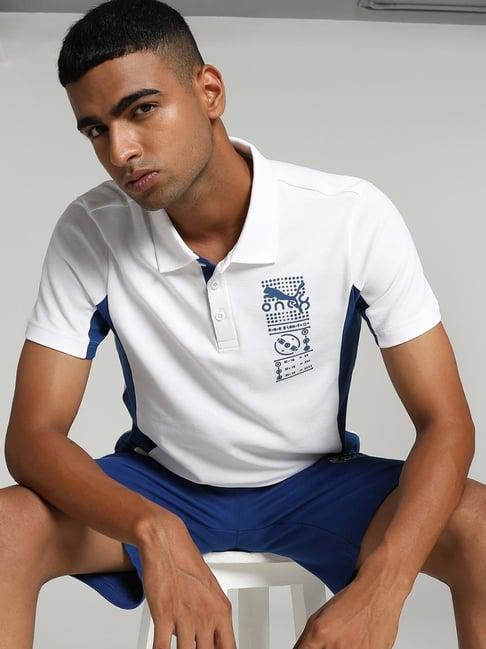 puma white & blue cotton slim fit printed polo t-shirt