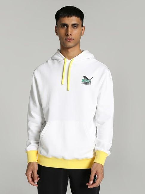 puma white cotton regular fit printed hooded sweatshirt