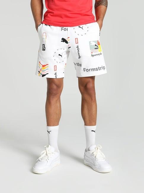 puma white cotton regular fit printed sports shorts