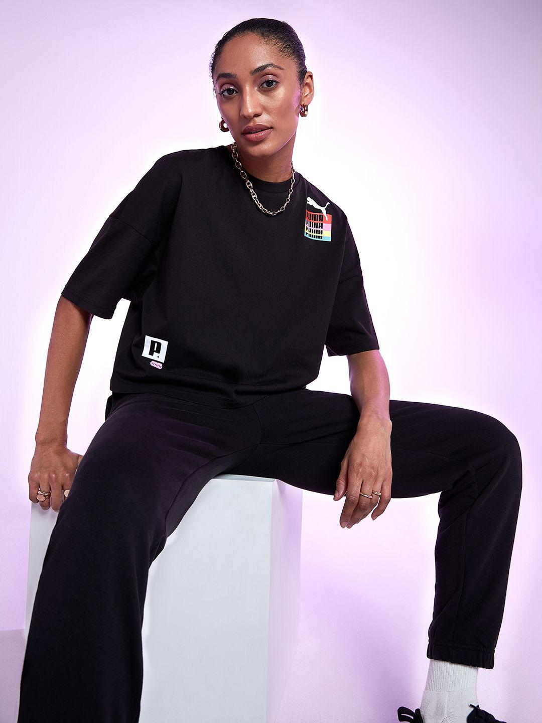 puma women black brand logo printed extended oversized t-shirt