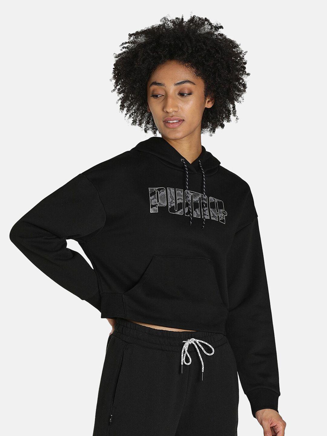 puma women black cotton relaxed fit crop hooded sweatshirt