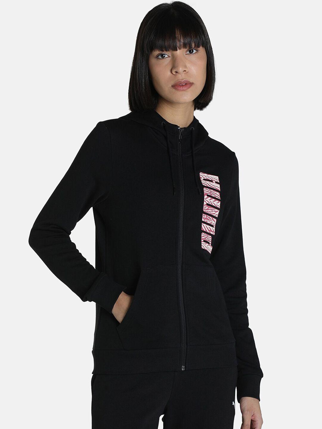 puma women black graphic printed cotton hooded jackets