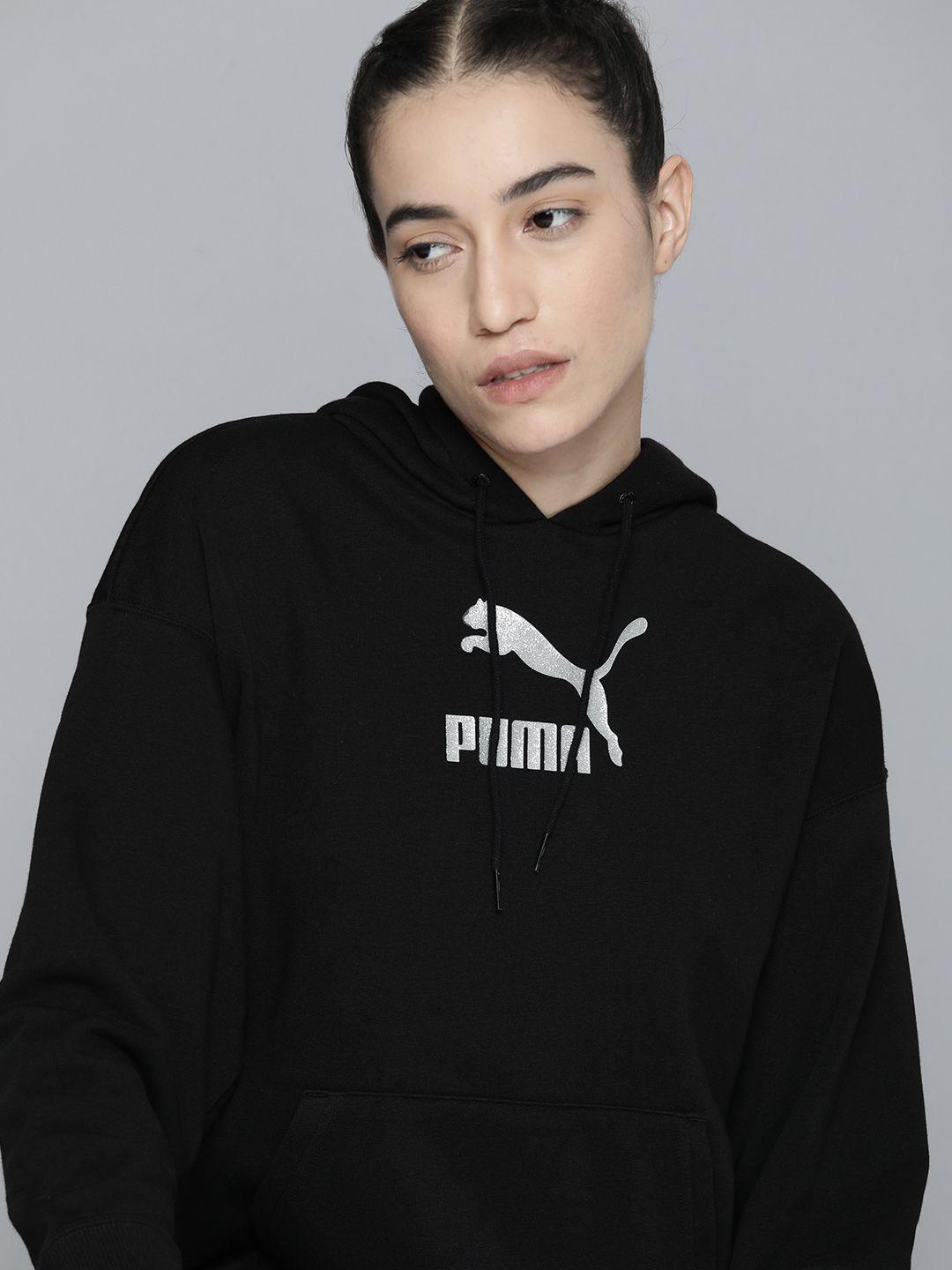 puma women black printed brand love metallic hoodie sweatshirt