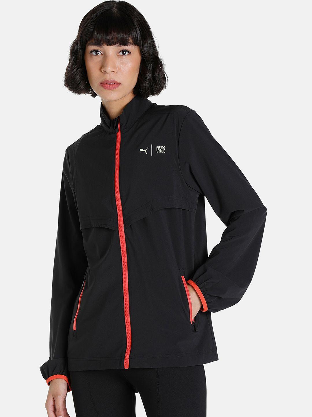 puma women black puma x first mile brand logo running sporty jacket