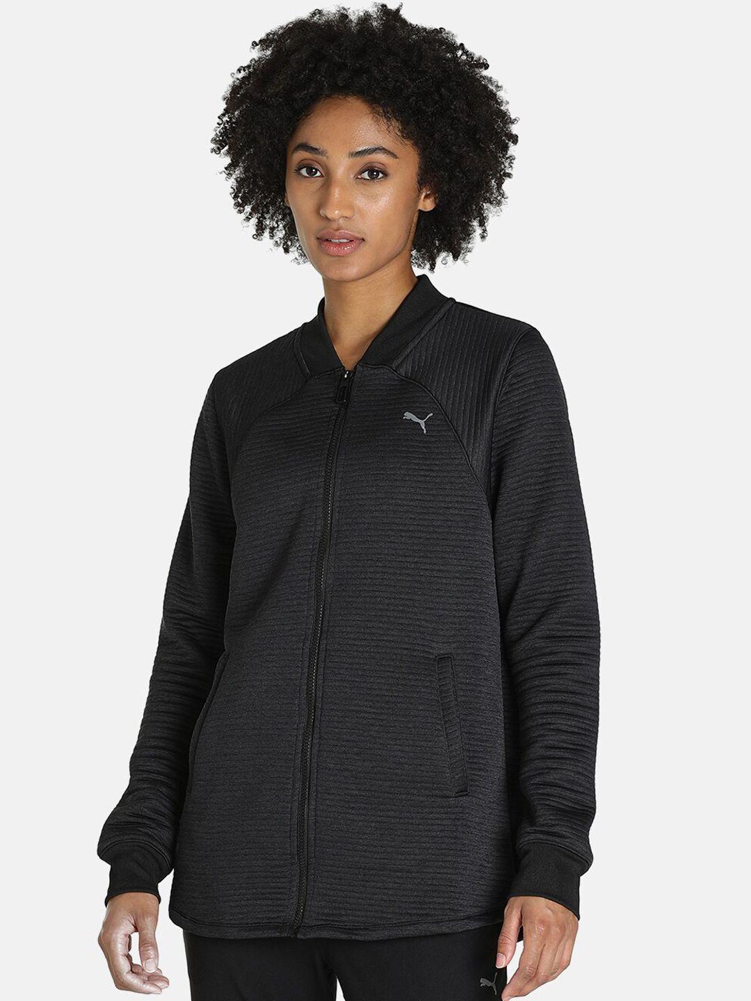 puma women black studio textured relaxed fit woven regular fit jacket