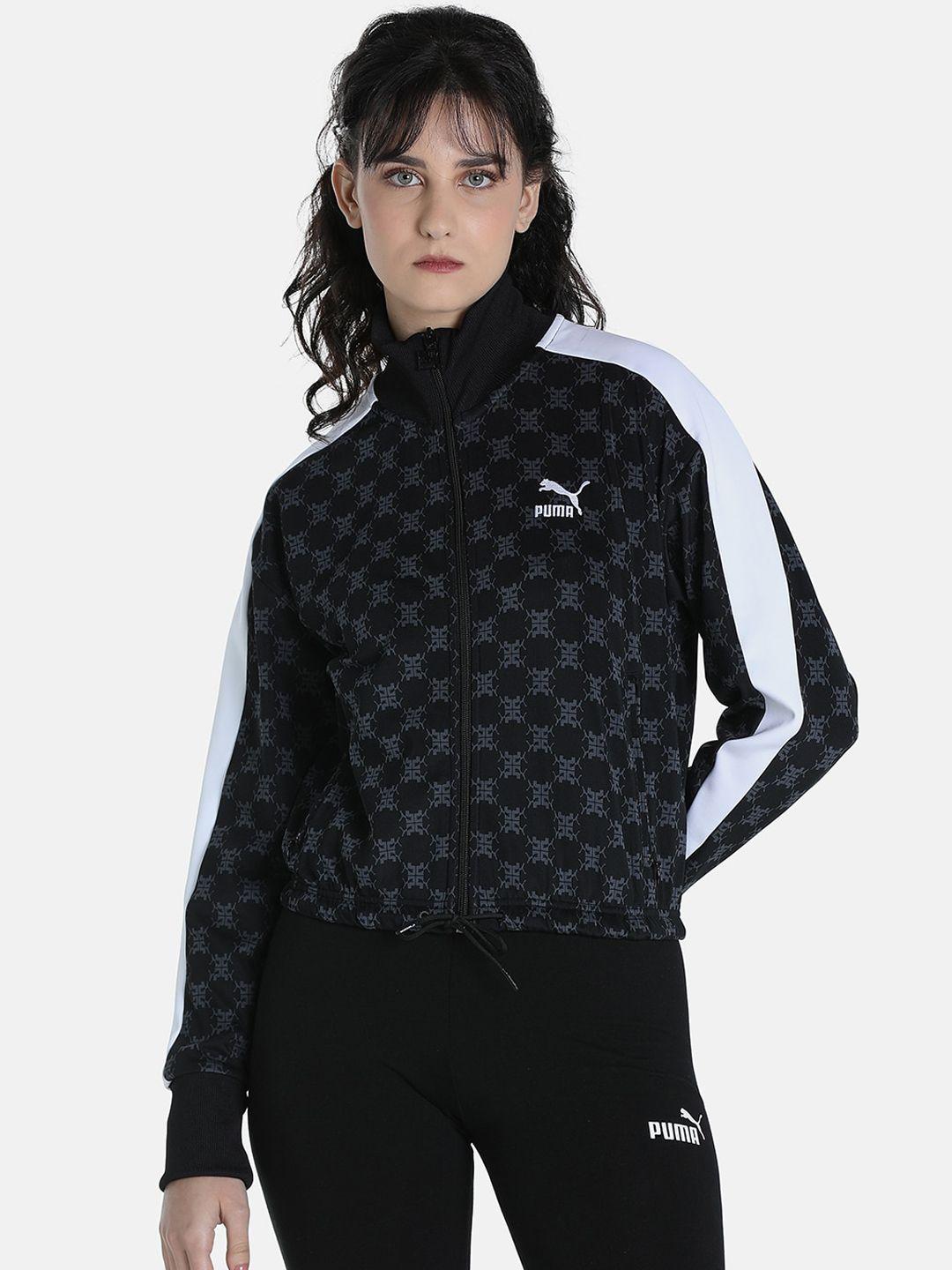puma women black t7 printed white outdoor sporty jacket