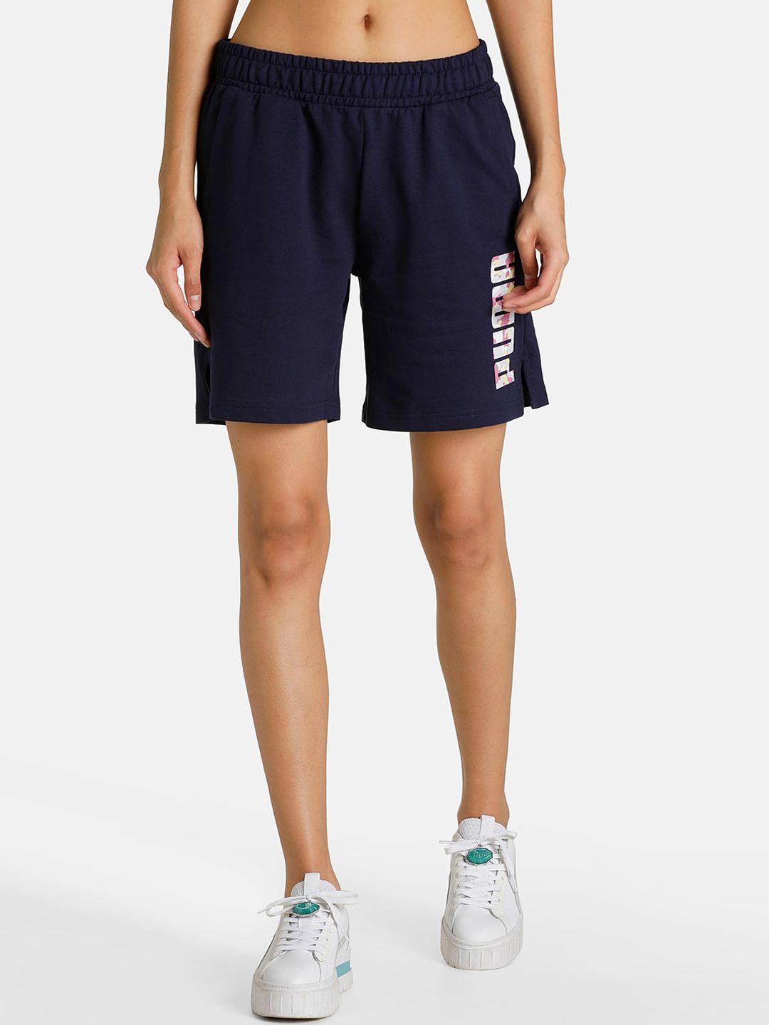 puma women blue camo graphic logo loose fit sports shorts