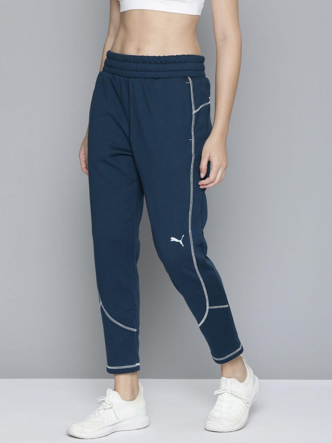 puma women blue solid evostripe high-waist pure cotton track pants