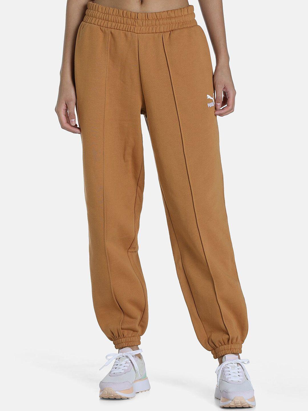 puma women brown brand logo cotton relaxed fit classics sweatpants joggers