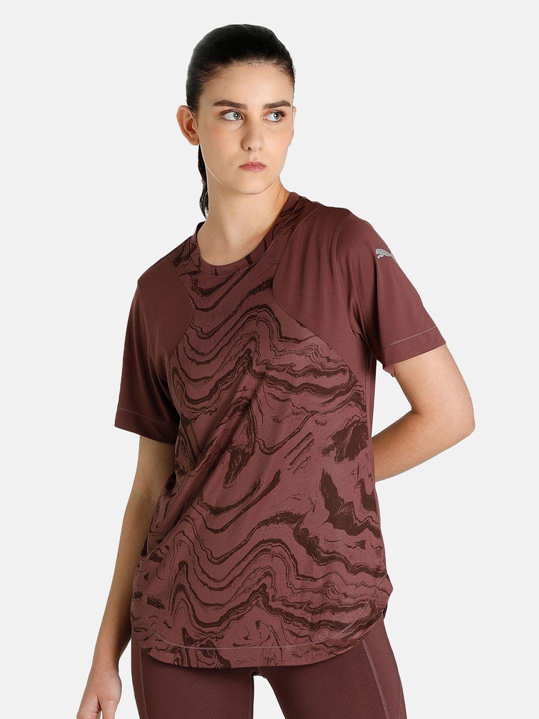 puma women brown printed graphic printed short sleeve running t-shirt