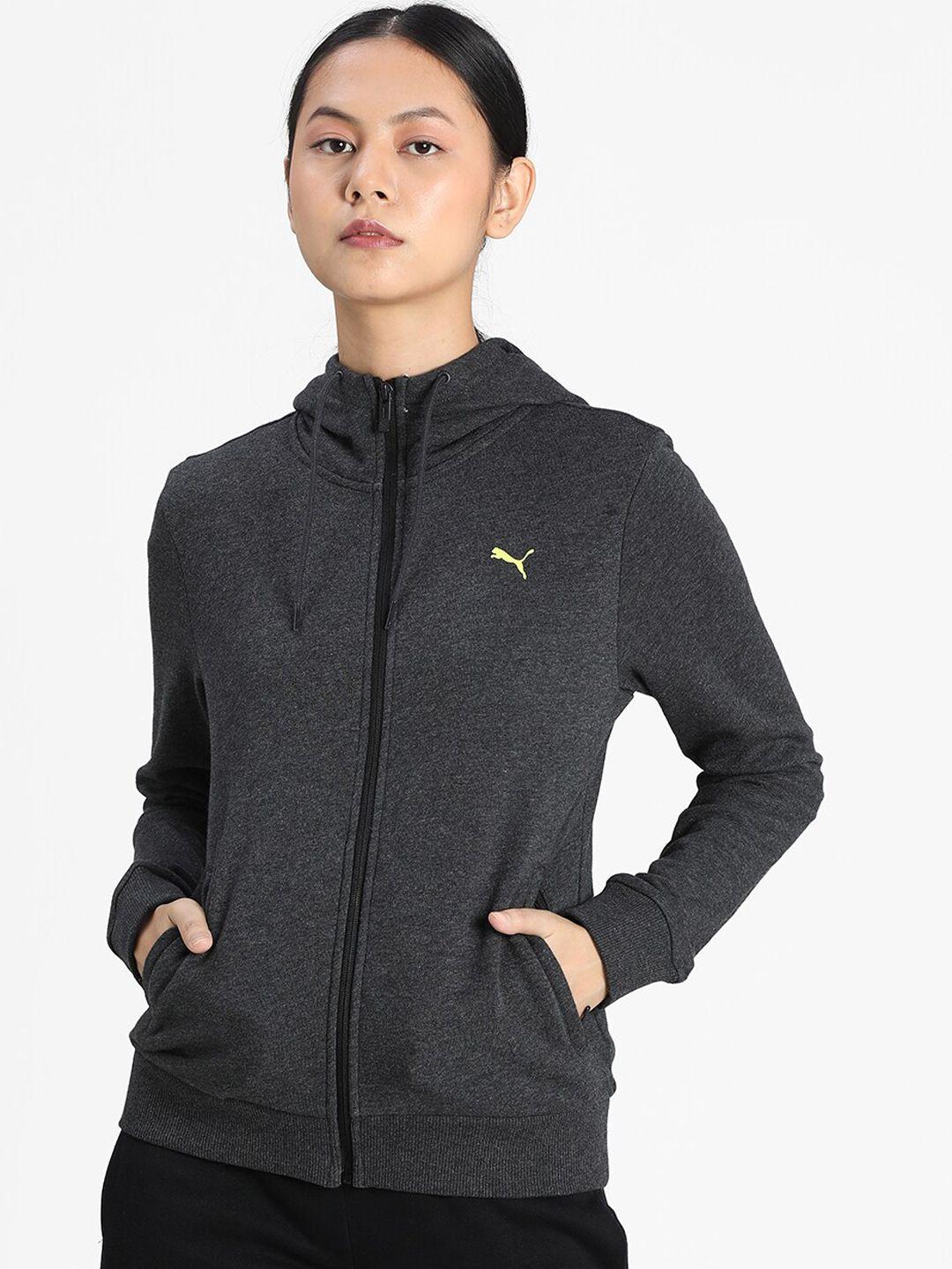 puma women charcoal grey printed sporty jacket