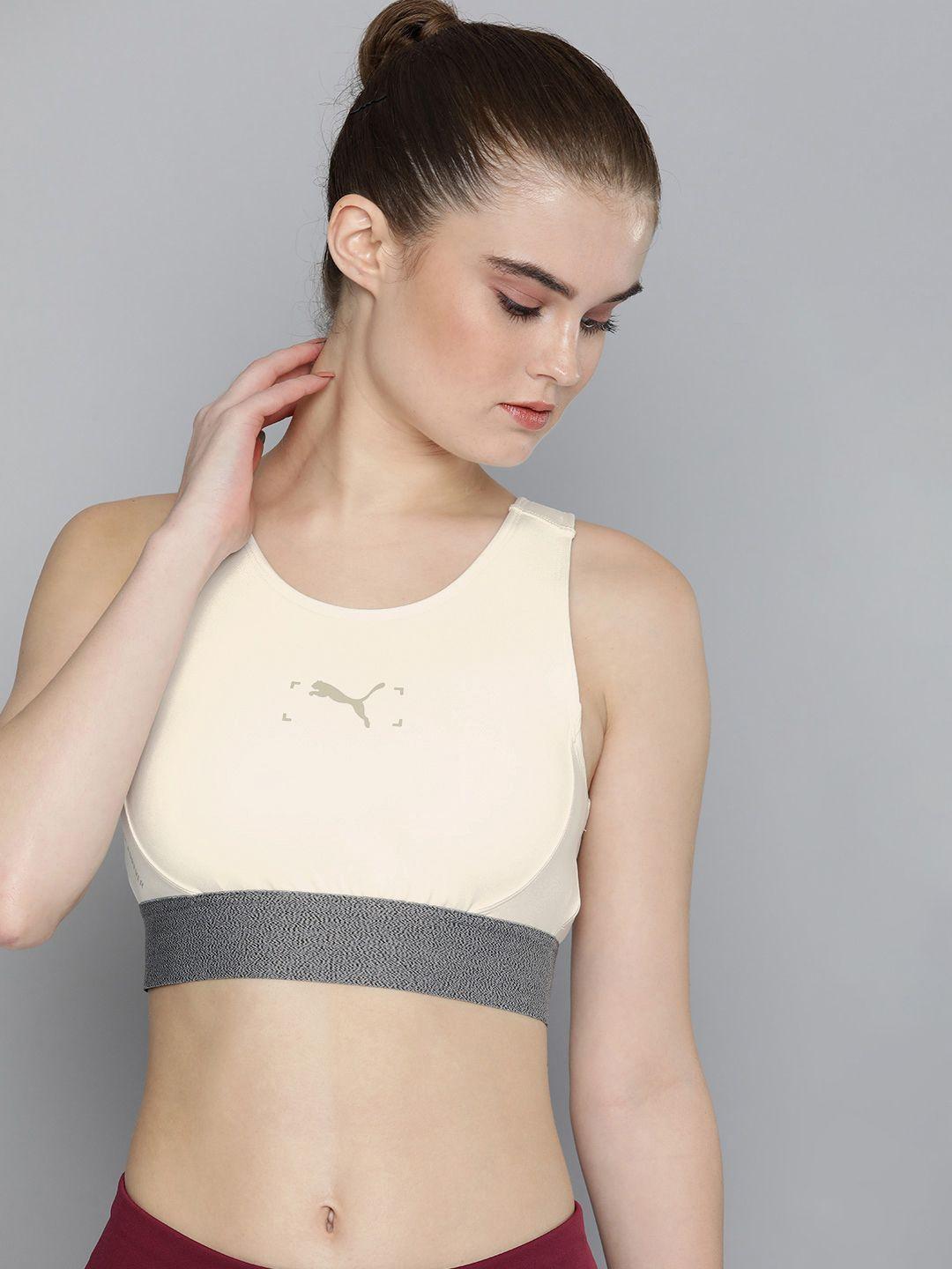 puma women cream-coloured & grey graphic printed lightly padded bra