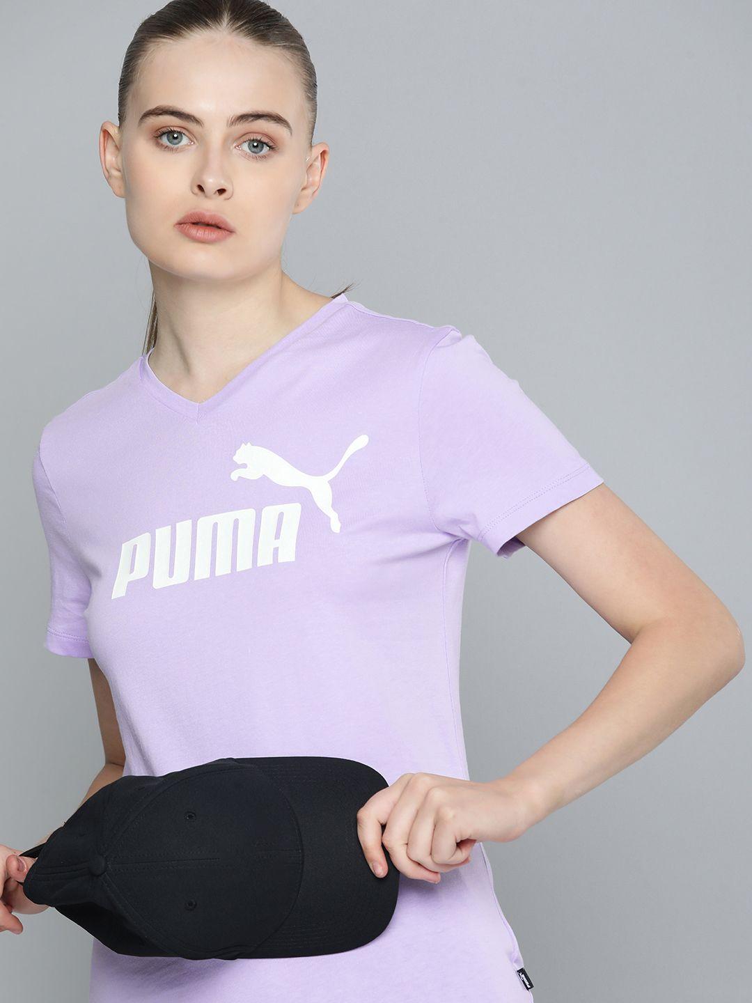 puma women ess pure cotton brand logo printed v-neck t-shirt