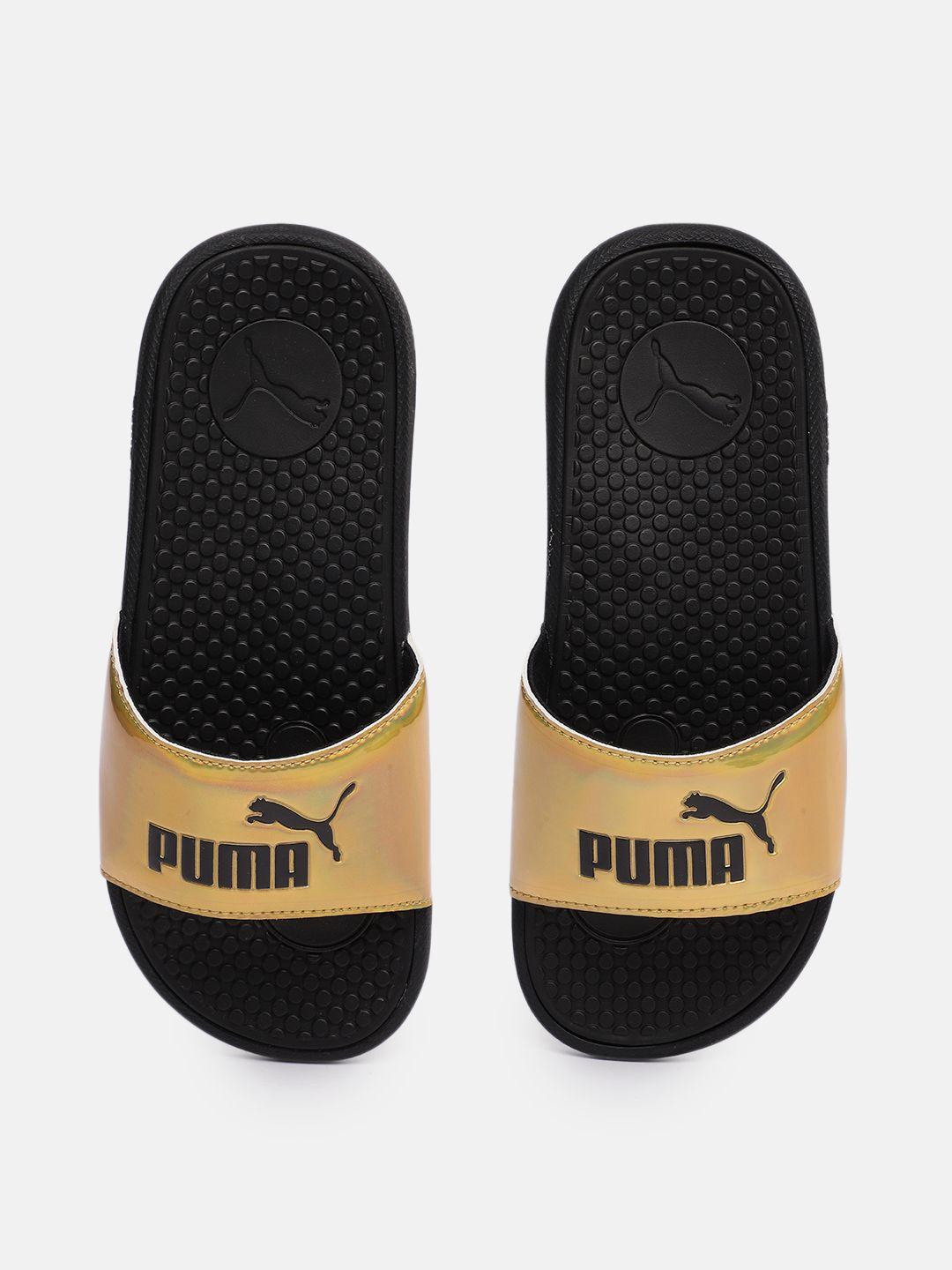 puma women gold-toned brand logo cool cat distressed sliders