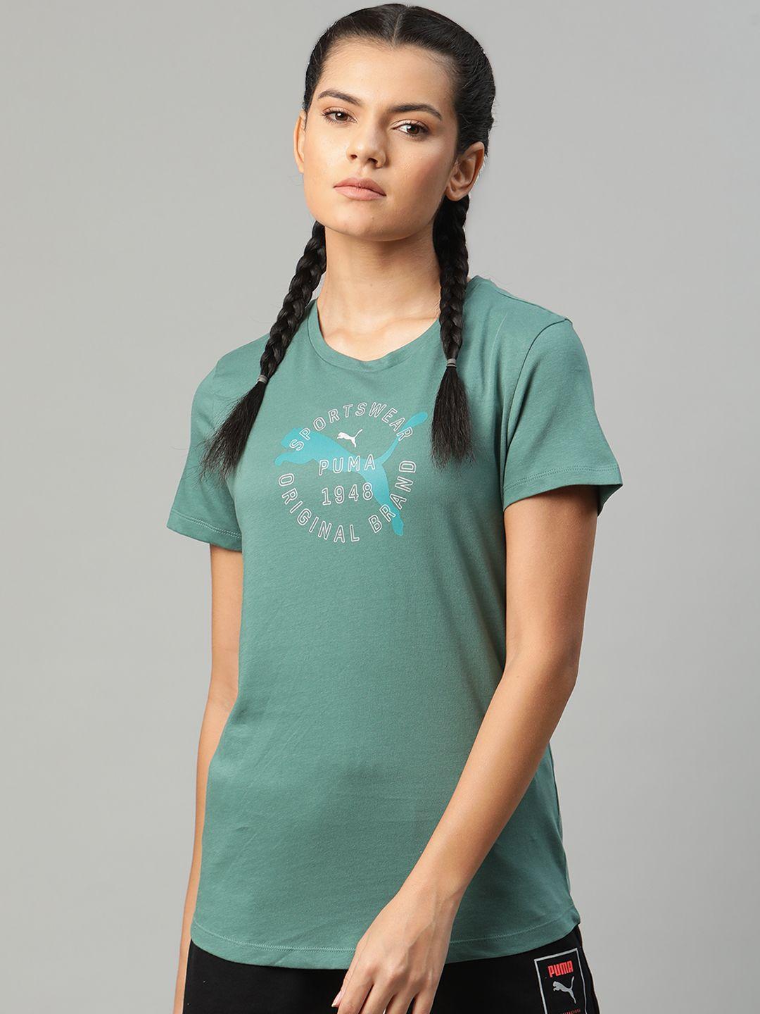 puma women green pure cotton graphic brand logo print 17 round neck pure cotton t-shirt