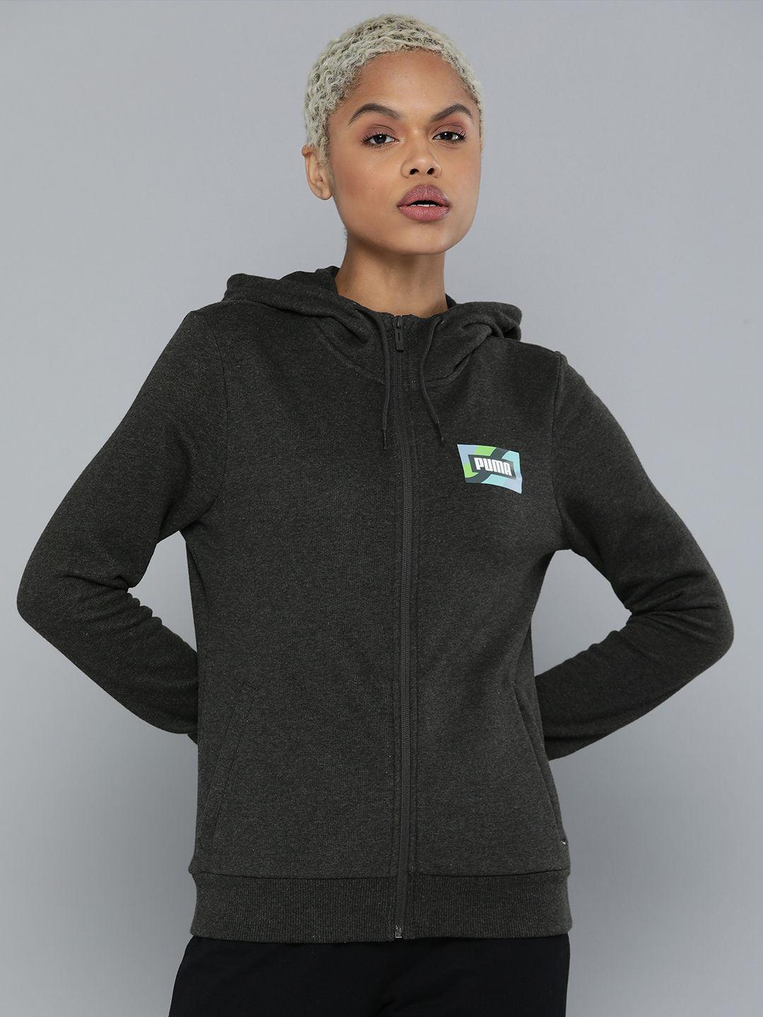 puma women grey  brand logo hooded sporty jacket