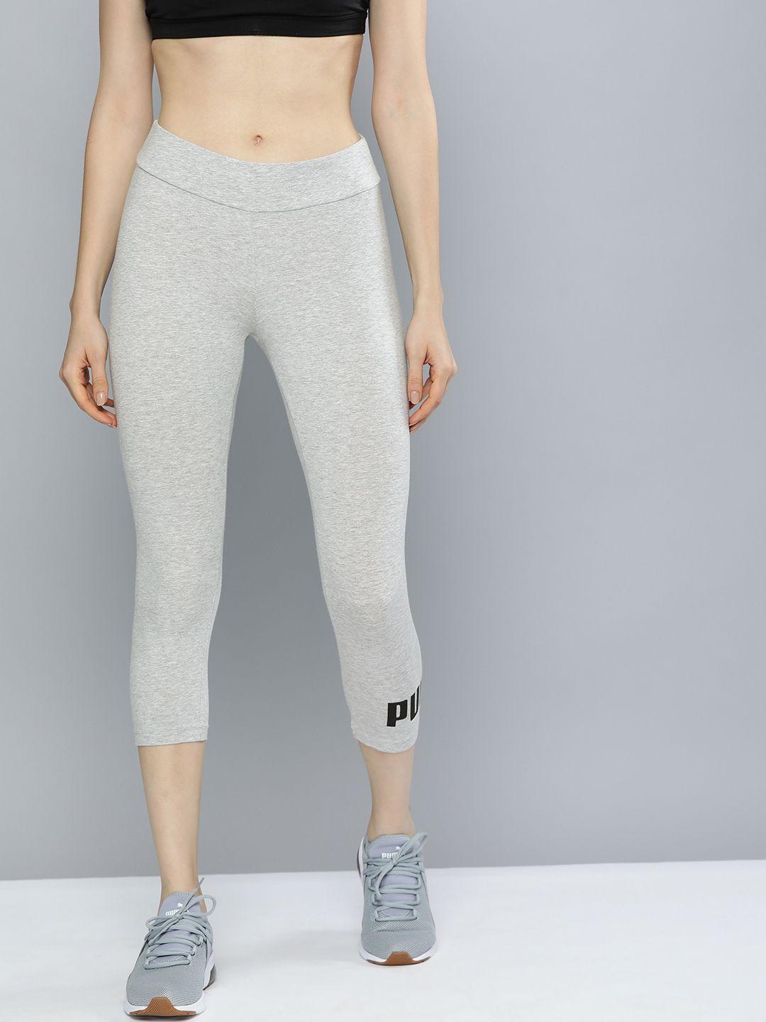 puma women grey printed  ess logo three-fourth length leggings