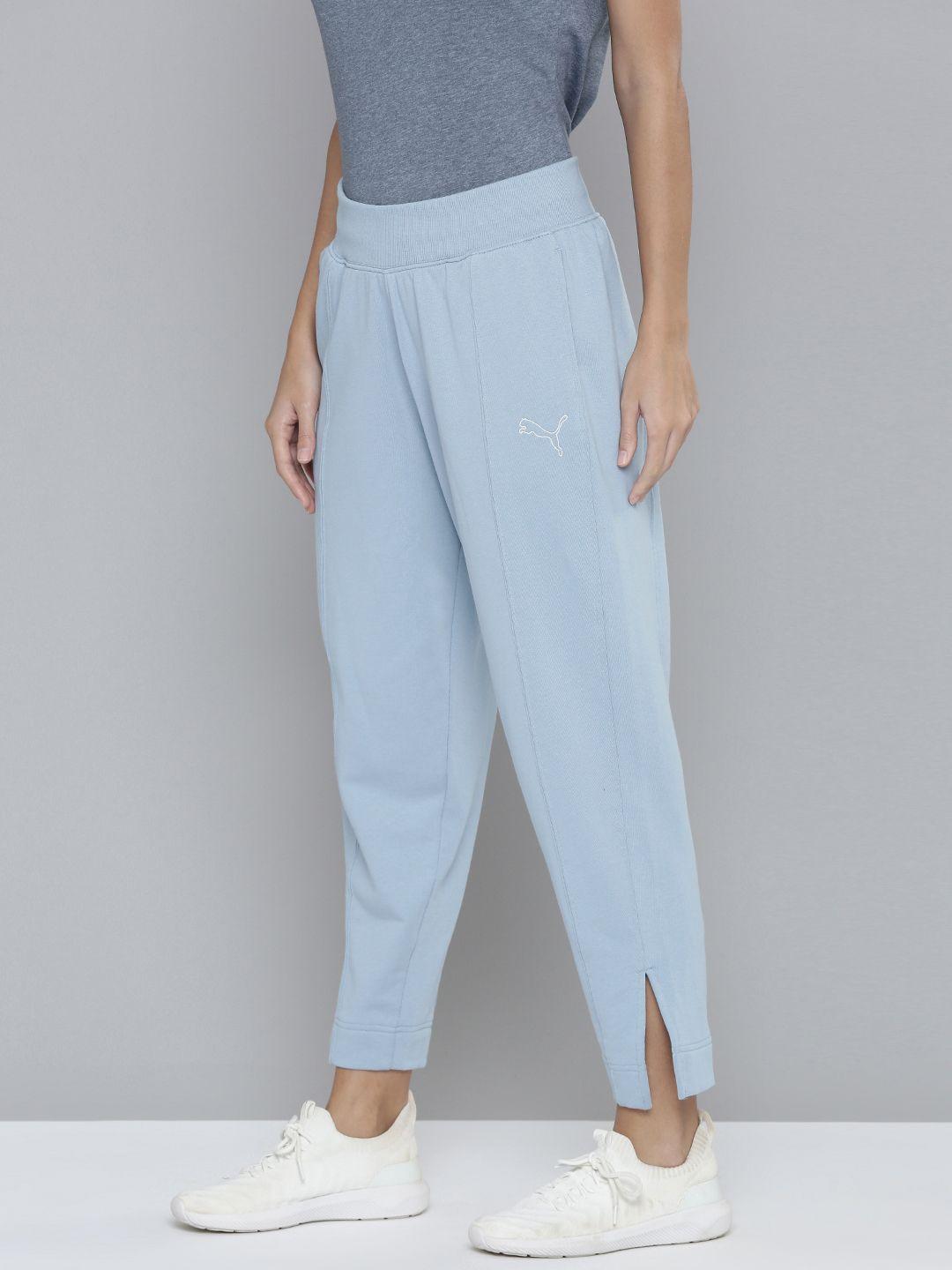 puma women light blue brand logo embroidered her high-waist joggers with side slit