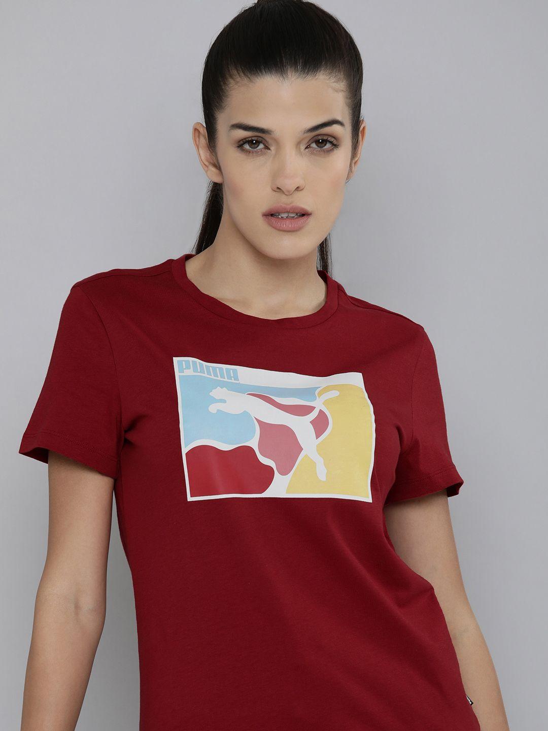 puma women maroon camo graphic brand logo printed pure cotton t-shirt